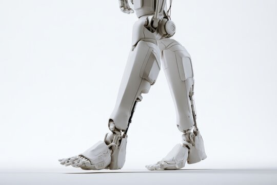 3D robotic legs bionic exoskeleton lower body walking isolated on white background. Premium white cyborg android hardware prosthetics concept.