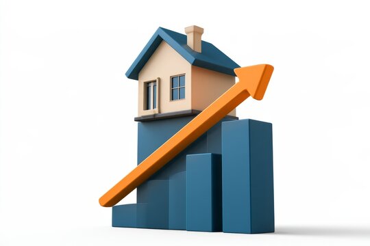 3D real estate market growth chart chart diagram icon isolated on white background. Minimal matte claymorphism house mortgage price trend.