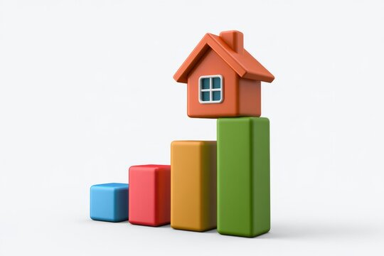 3D real estate market growth chart chart diagram icon isolated on white background. Minimal matte claymorphism house mortgage price trend.