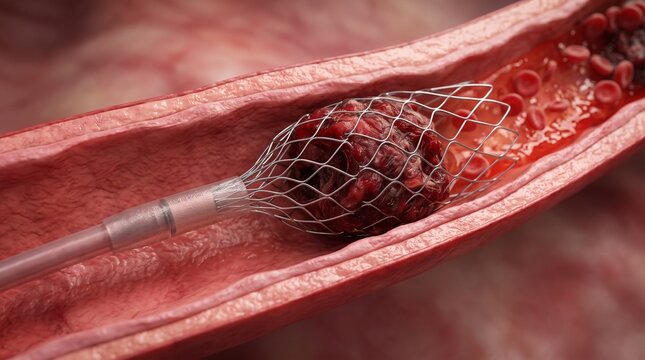 Mechanical thrombectomy blood clot removal catheter procedure, 3D medical rendering