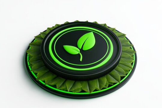 3D gold eco coin with green leaves sign isolated on white background. Minimal matte claymorphism style sustainable green finance concept.