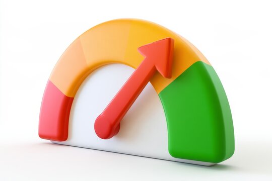 3D credit score gauge speedometer icon with upward arrow isolated on white background. Minimal matte claymorphism finance risk dashboard.