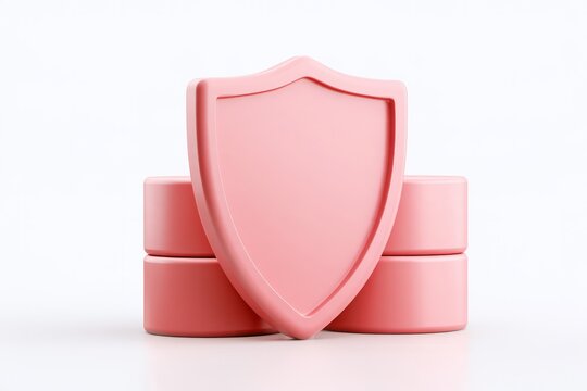 3D blue security shield with database server storage blocks isolated on white background. Matte claymorphism style cyber data protection.