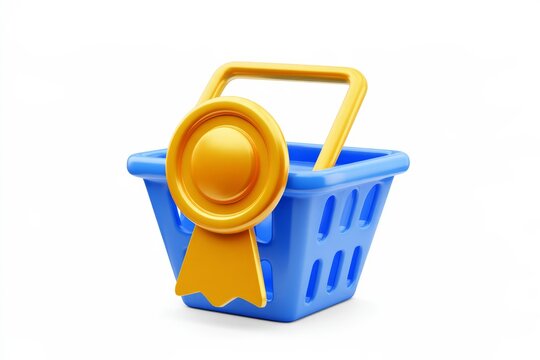 3D blue shopping basket with a golden guarantee medal ribbon isolated on white background. Matte claymorphism style premium retail concept.