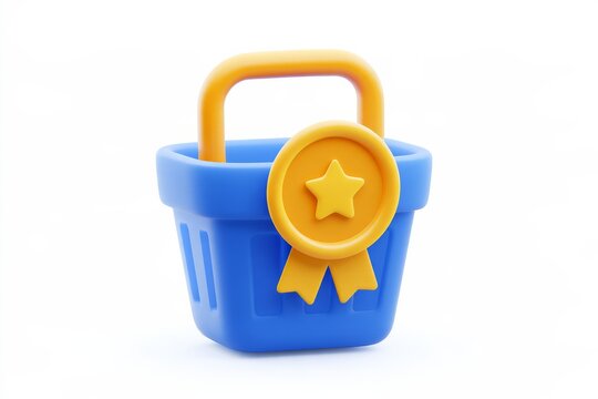 3D blue shopping basket with a golden guarantee medal ribbon isolated on white background. Matte claymorphism style premium retail concept.