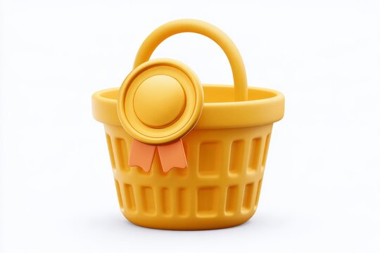3D blue shopping basket with a golden guarantee medal ribbon isolated on white background. Matte claymorphism style premium retail concept.