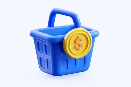 3D blue shopping basket with a golden guarantee medal ribbon isolated on white background. Matte claymorphism style premium retail concept.