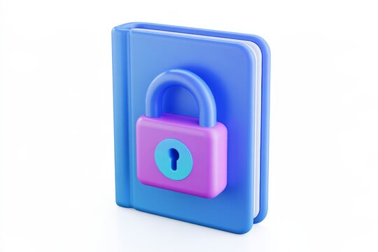 3D blue locked book notebook icon with a padlock isolated on white background. Minimal matte claymorphism data privacy law information.
