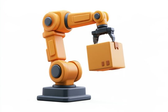 3D industrial robotic arm manipulator lifting a cardboard box isolated on white background. Minimal matte style warehouse automation tech.