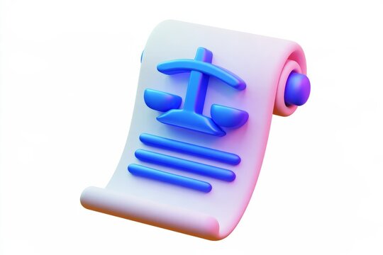 3D law scroll document with justice scales balance icon isolated on white background. Minimal matte claymorphism legal policy agreement.