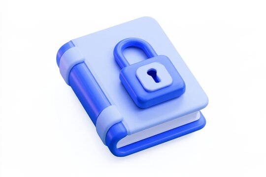 3D blue locked book notebook icon with a padlock isolated on white background. Minimal matte claymorphism data privacy law information.