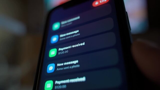 Spam notifications flooding smartphone screen in dark room close-up. Endless stream of alerts with unread counter badge