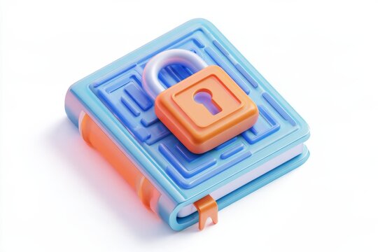 3D blue locked book notebook icon with a padlock isolated on white background. Minimal matte claymorphism data privacy law information.