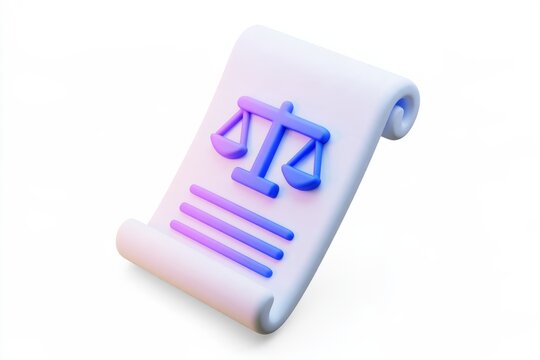 3D law scroll document with justice scales balance icon isolated on white background. Minimal matte claymorphism legal policy agreement.