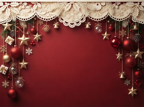 Christmas background with red baubles, golden stars, and decorative ornaments