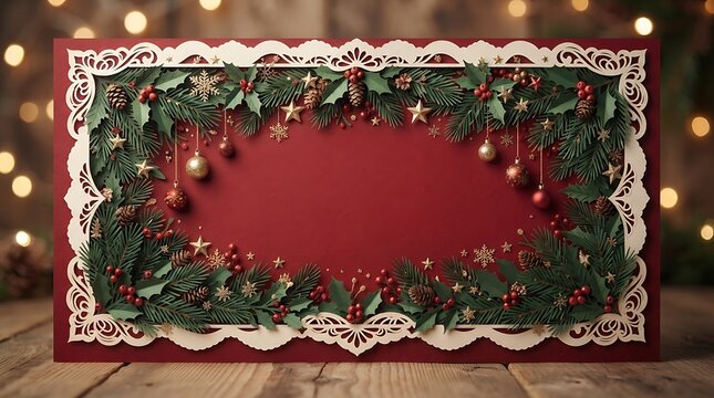 Christmas background with fir branches and festive ornaments on red