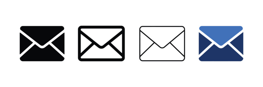 Envelope icons in black outline white and blue variations