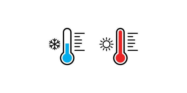 Temperature thermometer icons with snowflake and sun symbols for cold and hot weather climate monitoring.