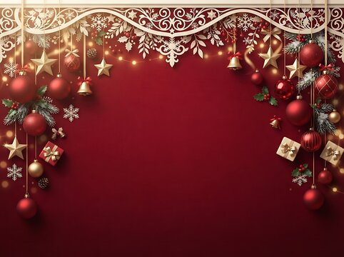 Christmas background, 3D illustration of red holiday ornaments and golden decorations with copy space