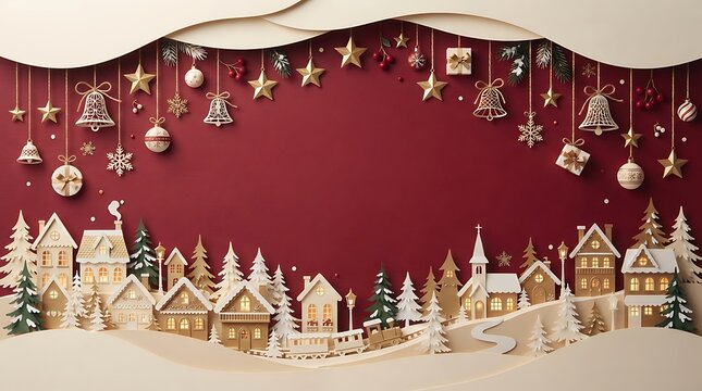 Christmas background 3D illustration with holiday village, ornaments and copy space