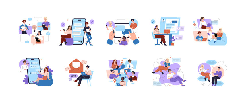 Online Communication People Chatting in Messaging Apps Set