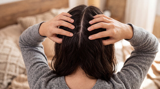 Close-up high-angle back view of a woman massaging her scalp and dark hair parting line
