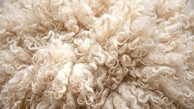 Close up of natural white sheep wool with curly soft fibers. Textured background of raw fleece. Warm cozy material for knitting and textile production concept.