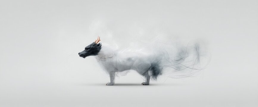 Creature combining wolf and dragon elements, merging with wispy smoke. Isolated on a clean white background