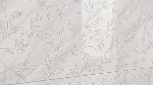 Refined light gray marble-inspired decorative surface with intricate floral motifs and botanical ornamentation
