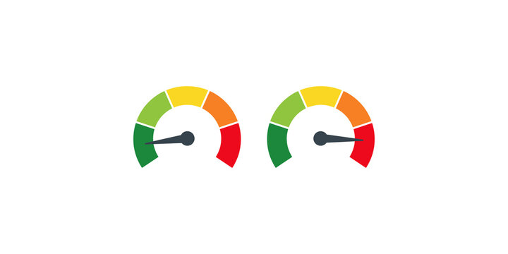 Two performance speedometers with color gradients representing metrics and analytics.