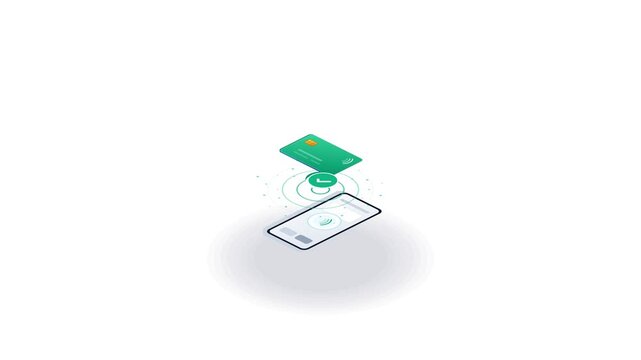 High-end 3D isometric motion graphic loop of a pristine white smartphone executing a contactless NFC transaction with a hovering smart business card. Features clean geometric extrusion, radiating data