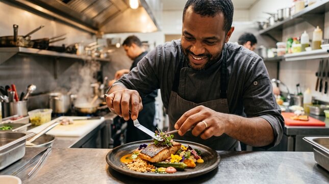 Chef garnishing a gourmet salmon dish in a professional kitchen