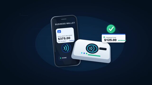 Digital contactless payment animation with smartphone and card reader