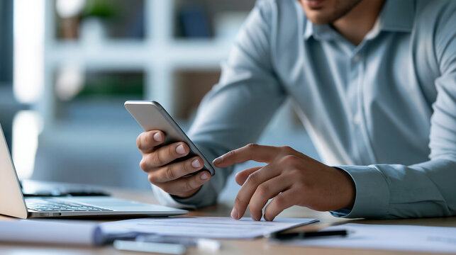 Faceless business professional using smartphone to authorize a digital invoice payment, B2B finance, mobile banking, electronic invoicing, fintech, business transactions, modern