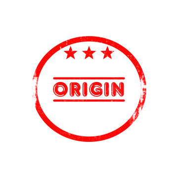Red circle origin stamp design element with three stars for product branding and authenticity.