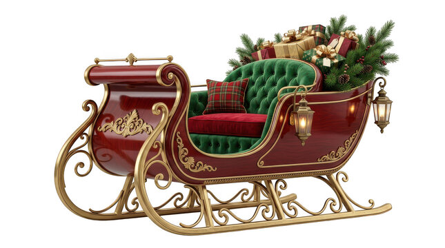 Decorative vintage christmas sleigh with pine branches and gifts isolated on transparent background