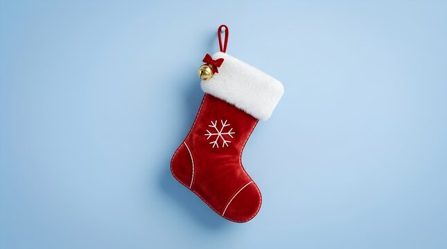 Red velvet Christmas stocking with white fur trim, festive holiday sock with snowflake embroidery, traditional winter decoration on blue background