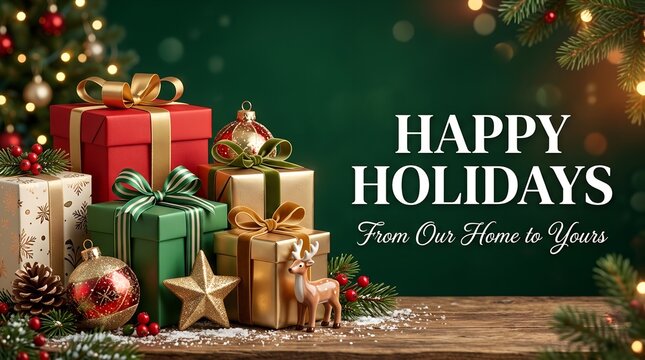 Happy Holidays greeting card with Christmas gift boxes, festive holiday background with presents and ornaments, elegant seasonal banner with text