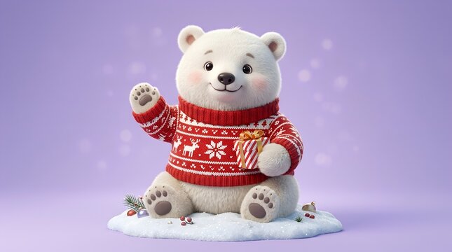 Adorable polar bear character wearing red Christmas sweater, cute winter animal holding gift box, festive holiday illustration on purple background