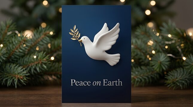Peace on Earth Christmas card with white dove, elegant holiday greeting card on navy blue background, festive winter scene with pine branches and bokeh lights