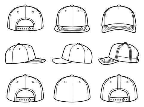 Baseball Cap Mockup Vector Set Blank Snapback Hat Line Art Outlines Front Side Back View Technical Drawing Template Graphic Isolated on White Background