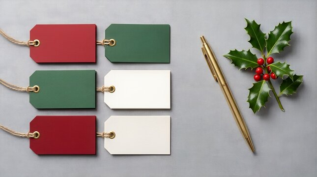 Christmas gift tags mockup with gold pen and holly, blank paper labels in red green and white, festive holiday stationery flat lay on grey background