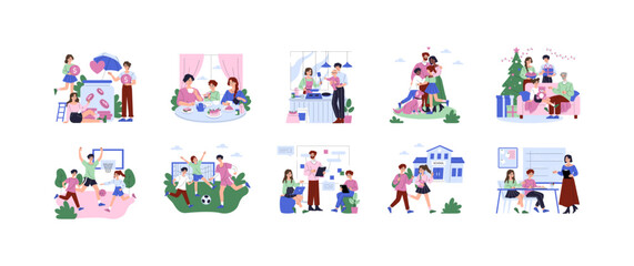 Fototapeta premium Family Activities and School Life Collection Vector Set