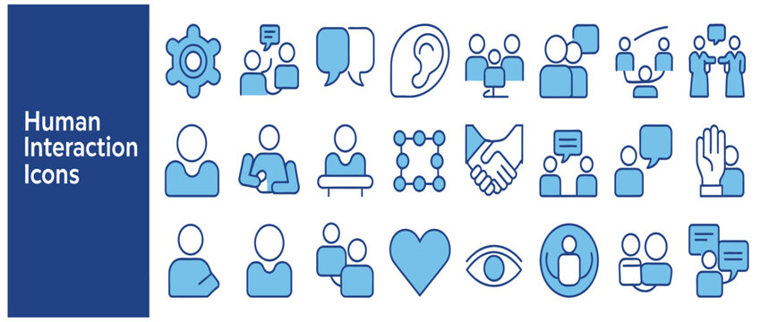 Social behavior and human interaction linear icon set representing teamwork and interpersonal communication in blue outline style.