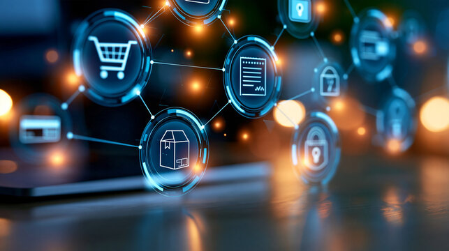 Abstract ecommerce logistics and payment connection with digital shopping cart linked to package, receipt and secure payment symbols, online retail, fulfillment, fintech, digital