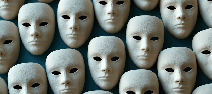 Identical plain masks arranged around a central differently oriented mask