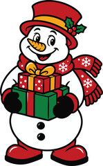 Fototapeta premium Cheerful snowman wearing red hat and scarf holds wrapped gifts for holiday celebration greeting card vector.