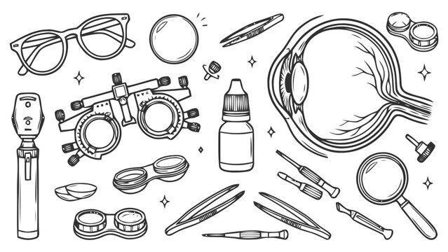 Ophthalmology and optometry equipment hand drawn icons set including eye anatomy, glasses, trial frame, and eye care tools in doodle sketch style