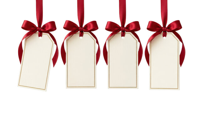 Four blank gift tags with red ribbon bows for holiday shopping isolated on transparent background