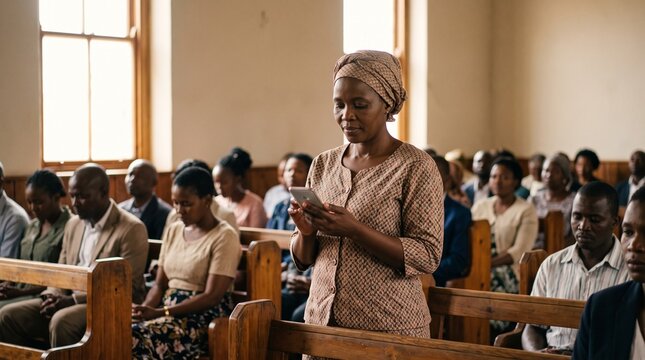 Woman making a digital tithe payment on her phone during a service